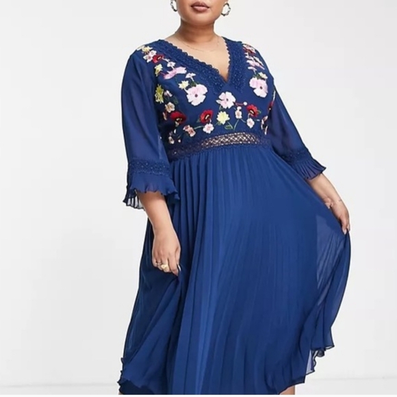 Asos Lace insert pleated Floral Embroidery Midi Dress Navy - Picture 11 of 11
